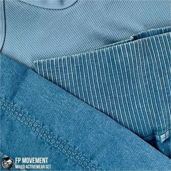 FP MOVEMENT HAPPINESS RUNS STRAPPY BACK CROP TANK + GOOD KARMA LEGGINGS BLUE HUE - Picture 15 of 16